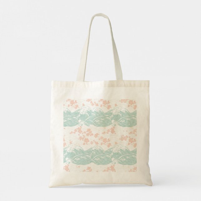 Japanese Ukiyo-e Wave and Cherry Blossom Tote Bag Tygkasse (Baksida)