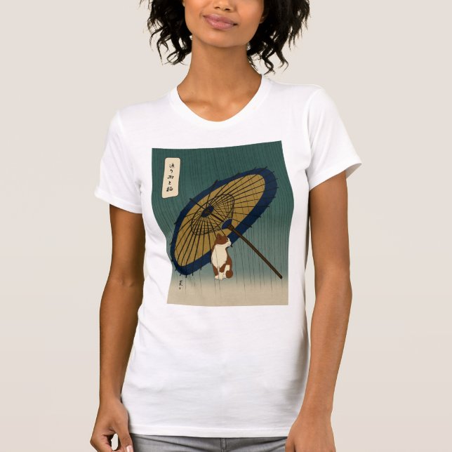 Japanese Ukiyoe Rainy Cat T Shirt (Framsida)