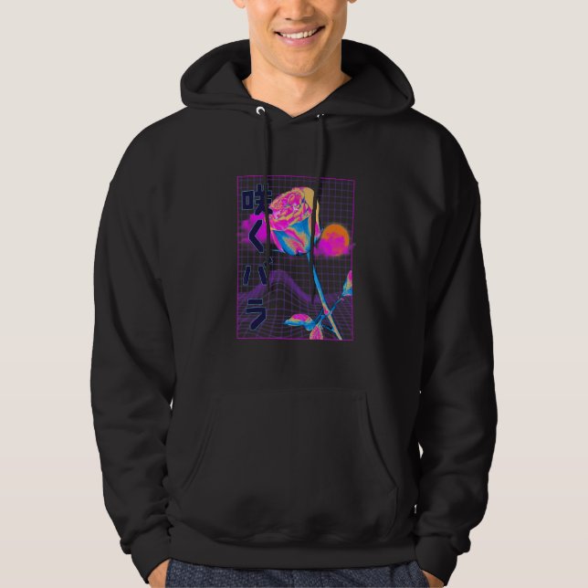 Japanese Vaporwave Aesthetic Red Rose Plant Flower Hoodie (Framsida)