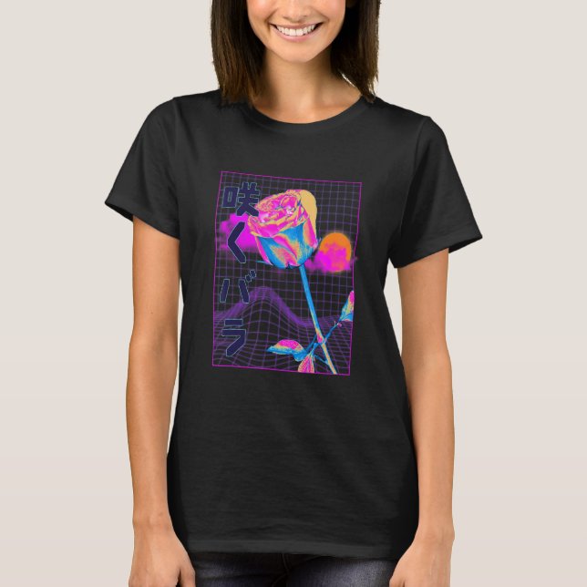 Japanese Vaporwave Aesthetic Red Rose Plant Flower T Shirt (Framsida)