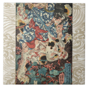 JAPANESE WARRIOR KILLING A MONSTROUS CAT Ukiyoe Kakelplatta