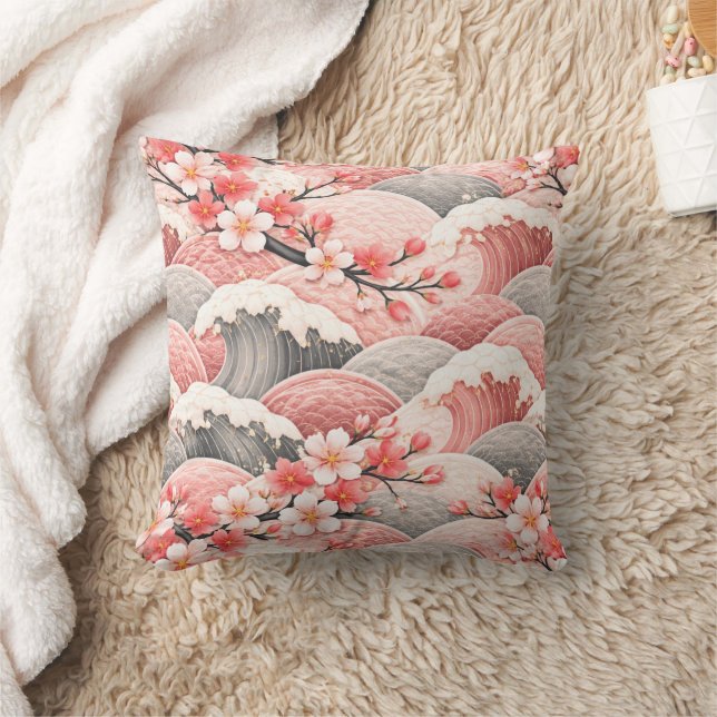 Japanese Wave Cherry Blossom Pattern Pink Coral  Kudde (Filt)