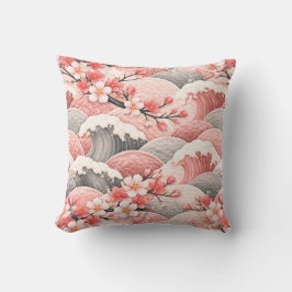 Japanese Wave Cherry Blossom Pattern Pink Coral  Kudde