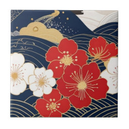 Japanese Waves and Blossoms Ceramic Tile - Piece 1 Kakelplatta