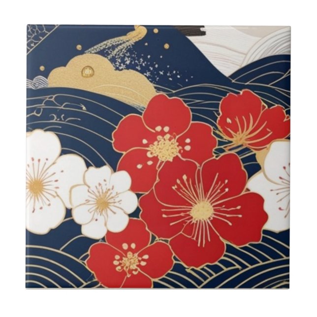 Japanese Waves and Blossoms Ceramic Tile - Piece 1 Kakelplatta (Framsidan)