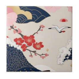 Japanese Waves and Blossoms Ceramic Tile - Piece 2 Kakelplatta