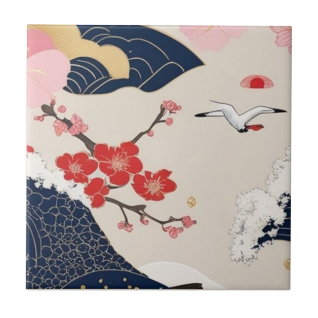 Japanese Waves and Blossoms Ceramic Tile - Piece 2 Kakelplatta (Framsidan)