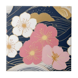 Japanese Waves and Blossoms Ceramic Tile - Piece 3 Kakelplatta