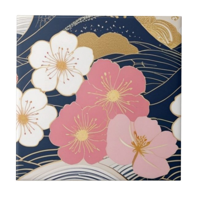 Japanese Waves and Blossoms Ceramic Tile - Piece 3 Kakelplatta (Framsidan)