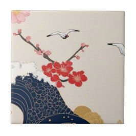 Japanese Waves and Blossoms Ceramic Tile - Piece 4 Kakelplatta