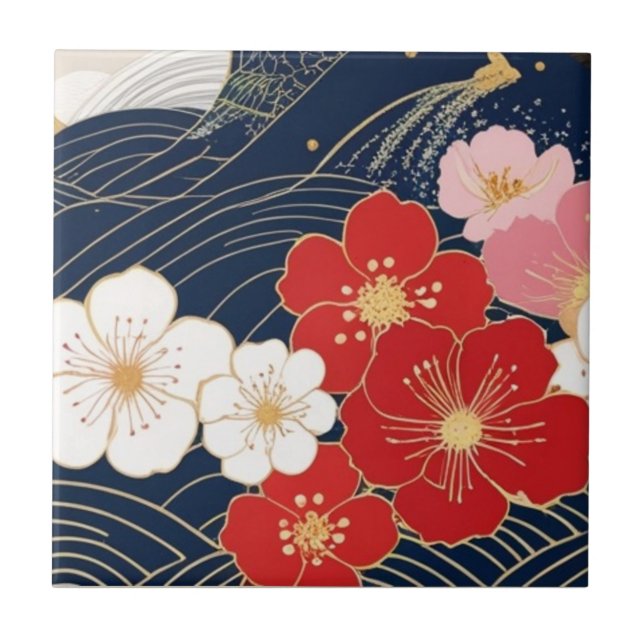 Japanese Waves and Blossoms Ceramic Tile - Piece 5 Kakelplatta (Framsidan)