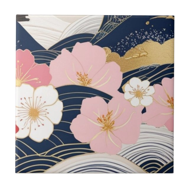 Japanese Waves and Blossoms Ceramic Tile - Piece 7 Kakelplatta (Framsidan)