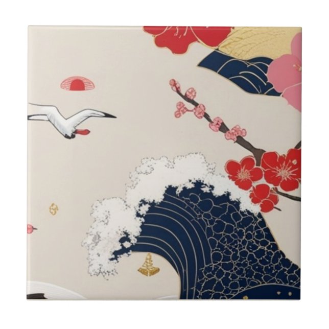 Japanese Waves and Blossoms Ceramic Tile - Piece 8 Kakelplatta (Framsidan)