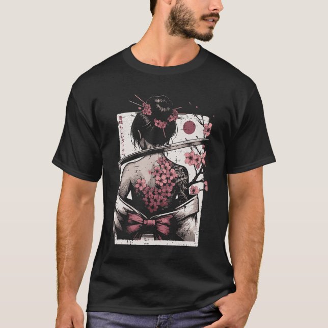 Japanese Woman Cherry Blossomattoo Art Geisha Wome T Shirt (Framsida)