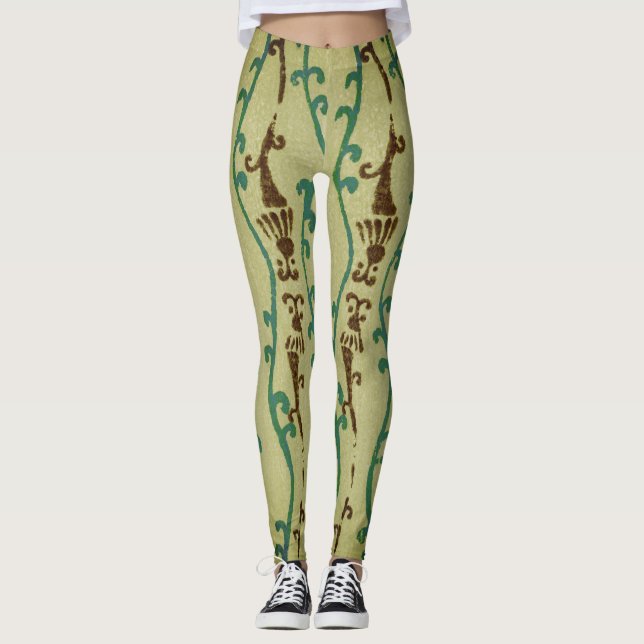 JAPANESE WOODBLOCK MÖNSTER TRYCKTE GRÖNT LEGGINGS (Framsida)