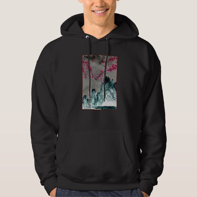 Japanese Woodblock Sakura Cherry Blossom Tree Natu Hoodie (Framsida)