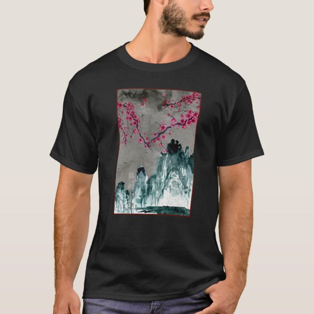 Japanese Woodblock Sakura Cherry Blossom Tree Natu T Shirt (Framsida)