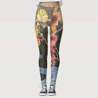 JAPANESE WOODBLOCK SKRIV ut FÅGLAR &STREAM Leggings