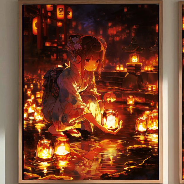 Japanese Yukata Girl, Floating Lanterns Poster (This image shows the product with a frame attached; the frame is not included.)