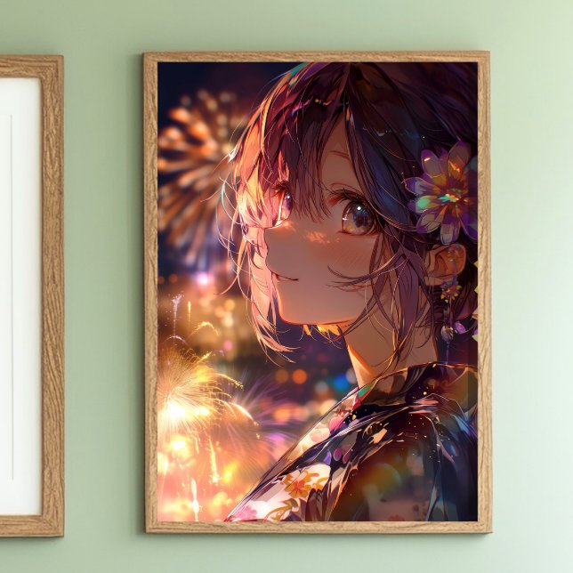 Japanese Yukata Girl, Smiling Fireworks Poster (This image shows the product with a frame attached; the frame is not included.)