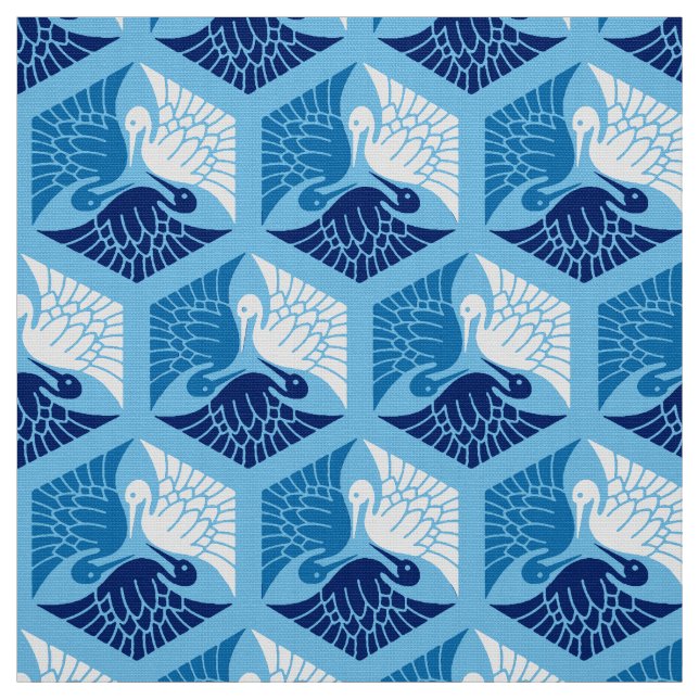 Japankranar, marinen, vit, och tänder - blått tyg (Provkarta)