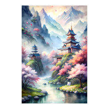 Japansk akvarellby | Zen landskapsutskrift