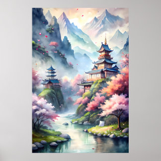 Japansk akvarellby | Zen landskapsutskrift Poster