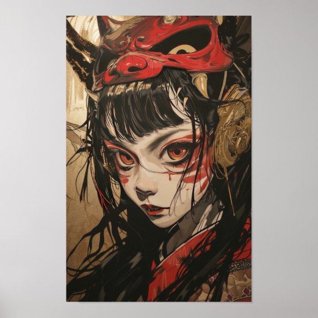 Japansk Anime Girl med Red and Guld Oni Mask Pos Poster (Framsidan)