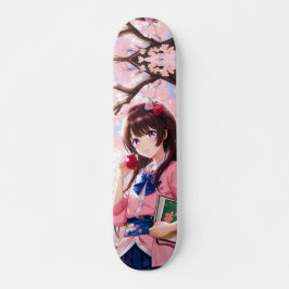 Japansk Anime Girl under en Cherry Blommar Träd Mini Skateboard Bräda 18,5 Cm