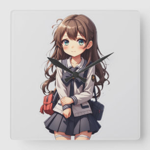 Japansk Anime School Girl Fyrkantig Klocka