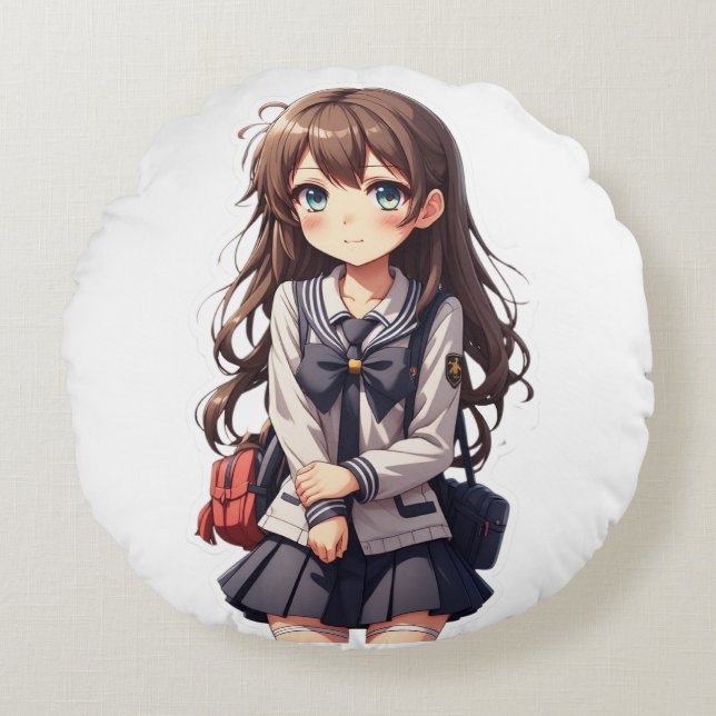 Japansk Anime School Girl Rund Kudde (Framsidan)
