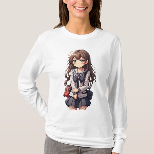 Japansk Anime School Girl T Shirt (Framsida)