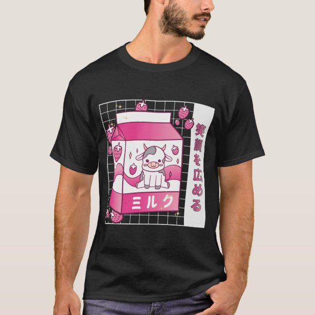 Japansk animerad jordgubbe Mjölk Carton Cute Cow T Shirt (Framsida)