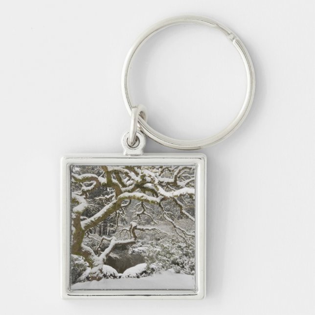 Japansk apelmussla med Snö Fyrkantig Silverfärgad Nyckelring (Framsidan)