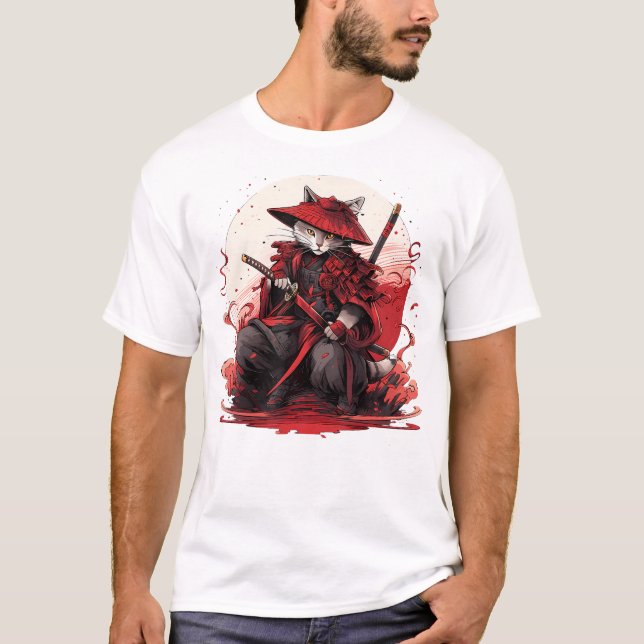 Japansk Art Cat Ninja Ukiyo-e Anime Stil Samurai T Shirt (Framsida)