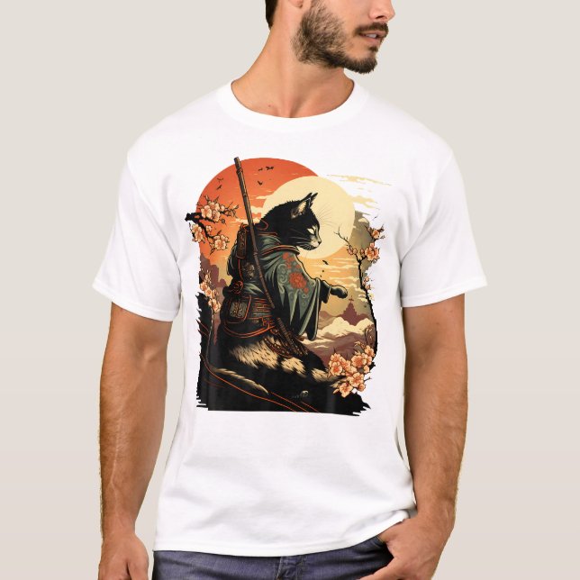 Japansk Art Cat Ninja Ukiyo-e Anime Stil Samurai T Shirt (Framsida)