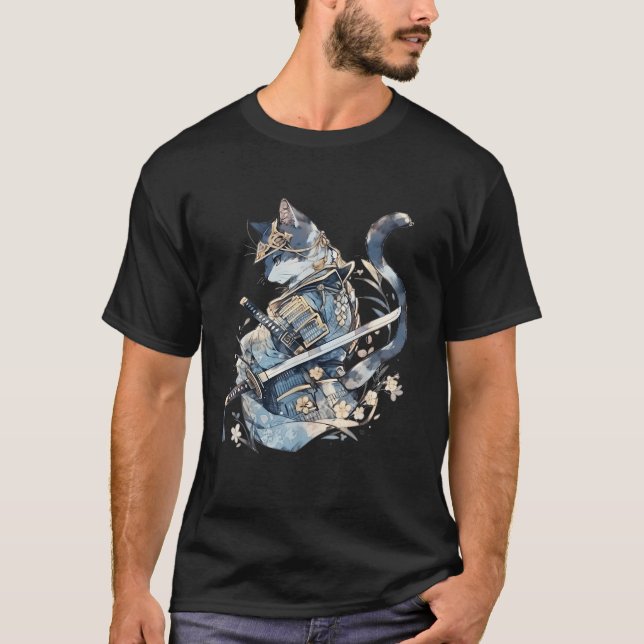 Japansk Art Cat Ninja Ukiyo e Anime Stil Samurai T Shirt (Framsida)