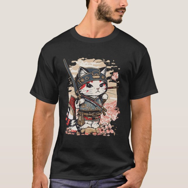 Japansk Art Cat Ninja Ukiyo e Anime Stil Samurai T Shirt (Framsida)