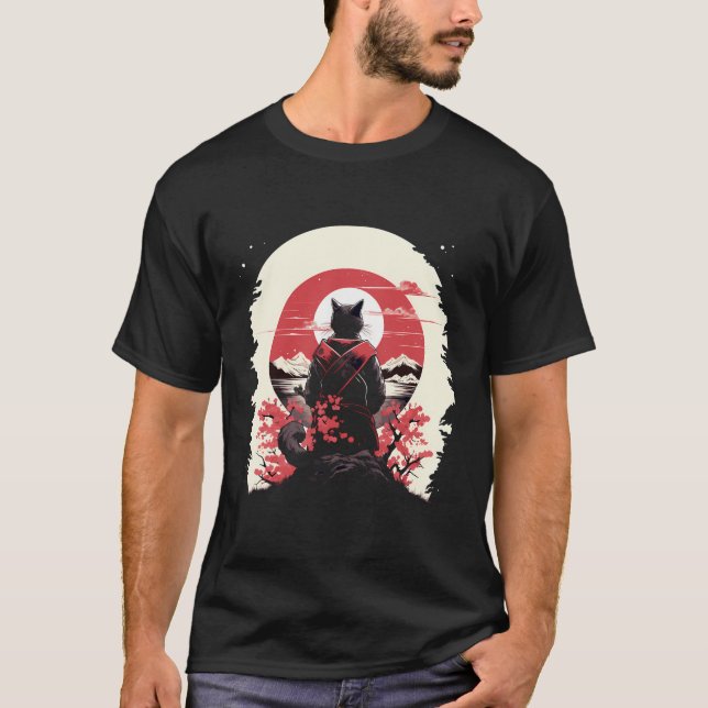Japansk Art Cat Ninja Ukiyo-E Anime Stil Samurai T Shirt (Framsida)