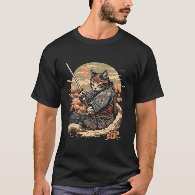 Japansk Art Cat Ninja Ukiyo-E Anime Stil Samurai T Shirt (Framsida)