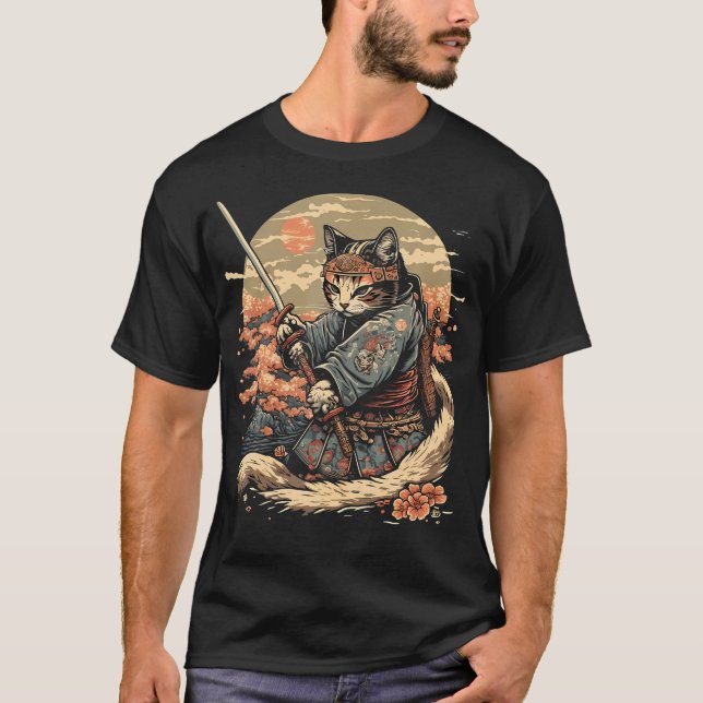Japansk Art Cat Ninja Ukiyo-E Anime Stil Samurai T Shirt (Framsida)