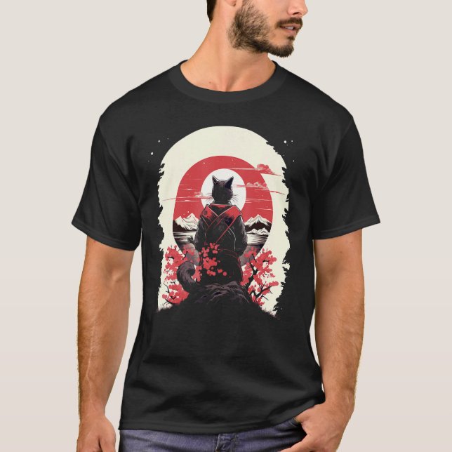 Japansk Art Cat Ninja Ukiyo-e Stil Samurai Cat T Shirt (Framsida)
