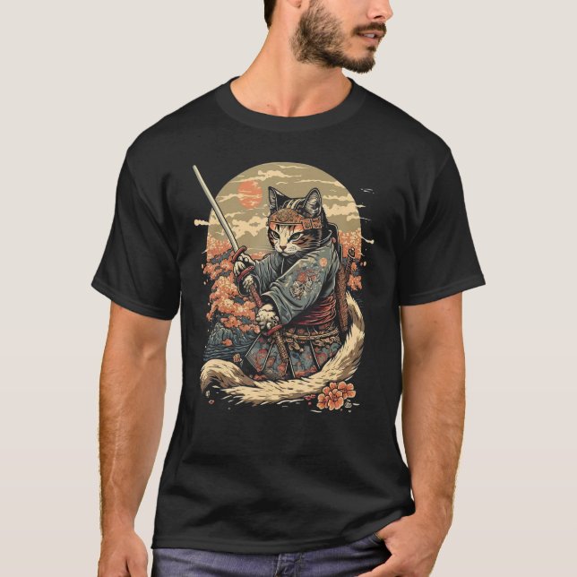 Japansk Art Cat Ninja Ukiyo-e Stil Samurai Cat T Shirt (Framsida)