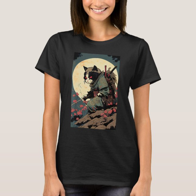 Japansk Art Cat Ninja Ukiyo-e Stil Samurai Cat T Shirt (Framsida)