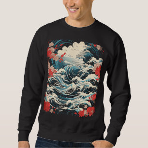 Japansk Art Ocean Wave Ukiyoe Tsunami Kanagawa Su Lång Ärmad Tröja