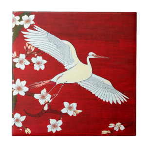 Japansk Art Stil White Crane Cherry Blommar Red Kakelplatta