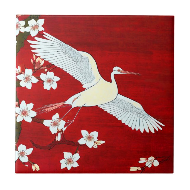 Japansk Art Stil White Crane Cherry Blommar Red Kakelplatta (Framsidan)