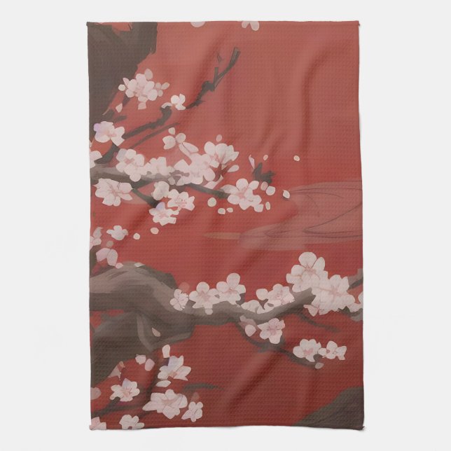 Japansk Artstyle White Cherry Blommar Red Kökshandduk (Vertikal)