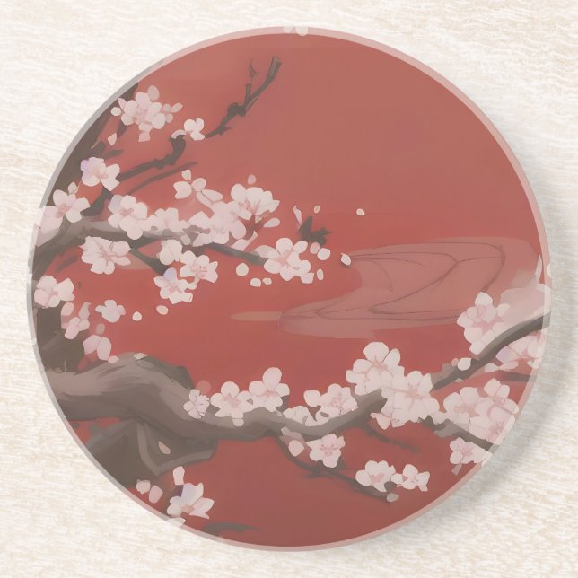 Japansk Artstyle White Cherry Blommar Red Underlägg (Framsidan)