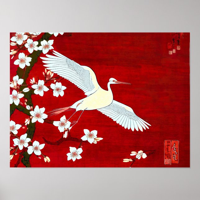 Japansk Artstyle White Crane Cherry Blommar Red Poster (Framsidan)